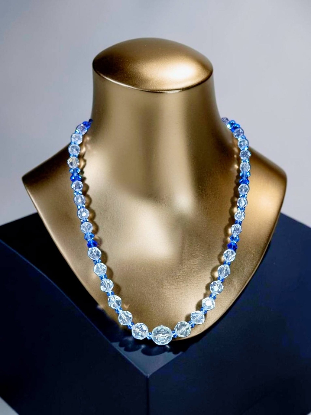 Vintage Art Deco Graduated Crystal and Blue Birefringence Bead Necklace